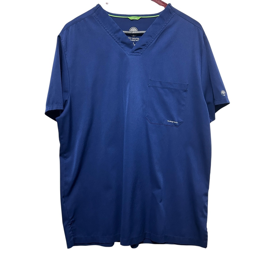 HH Works by Healing Hands Mens L Navy Blue Scrub Top Uniform Medical V Neck